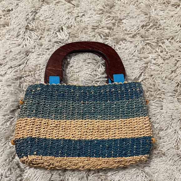 Blue & Tan Woven Tote Bag Women Beach Summer Straw Purse - Picture 2 of 5
